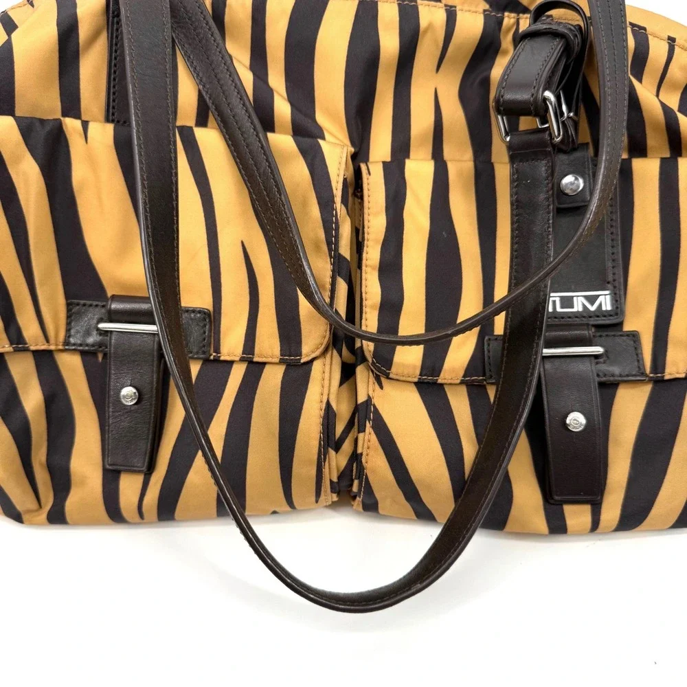 TUMI Tiger Zebra Cortina Boarding Bag Nylon Travel Tote Weekender Leather Trim